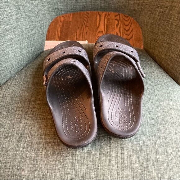 CROCS Classic Glitter 2 Strap Slide Sandal Womens Sz 10 Slip On Black / Silver! - Picture 4 of 12